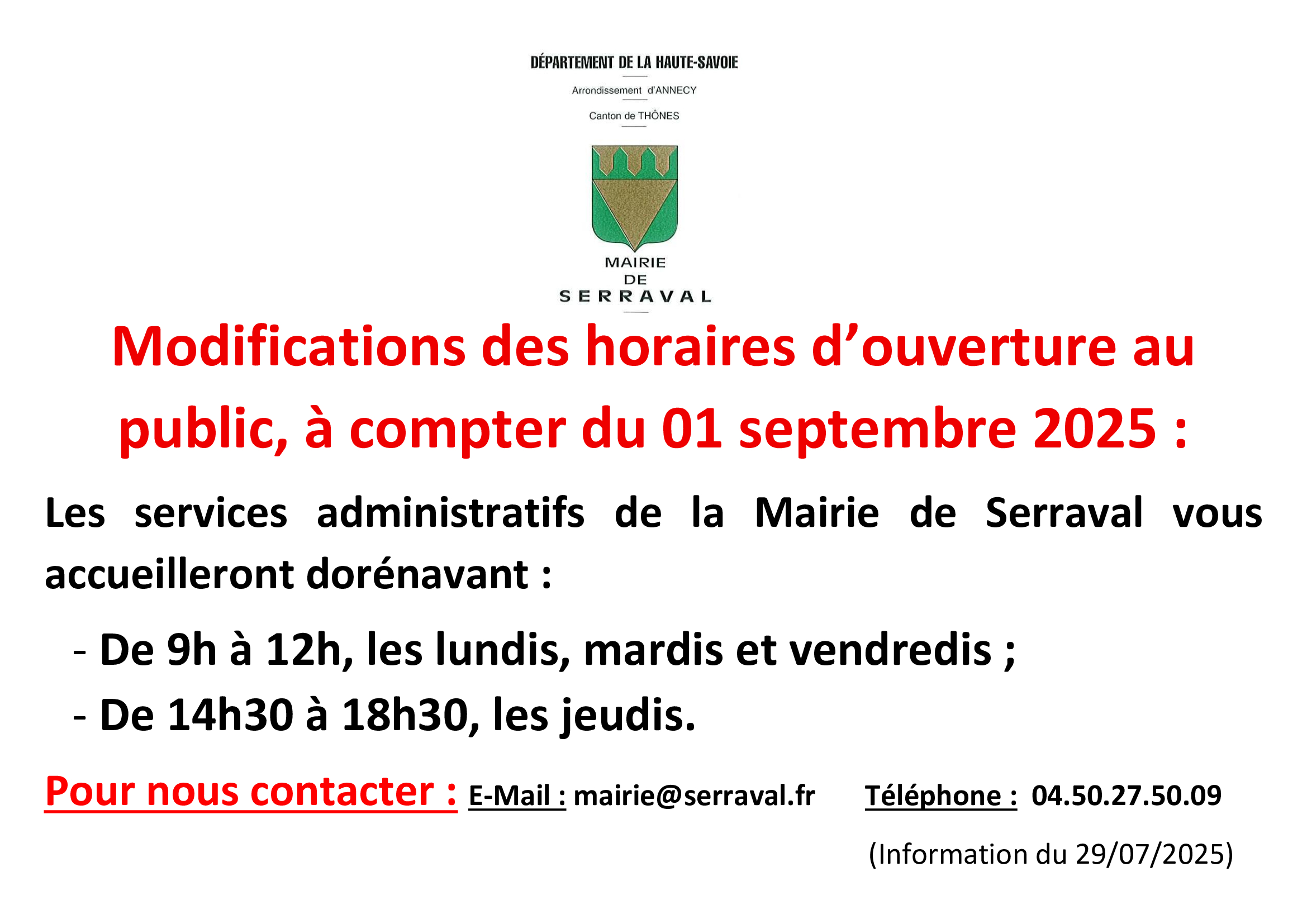Modifications des horaires d'ouverture de la Mairie à compter du 01 septembre 2025.