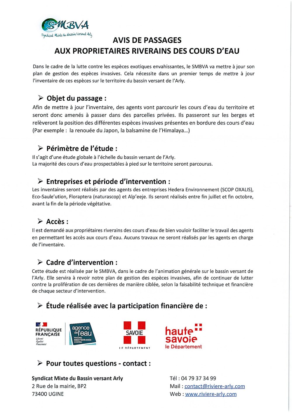 S.M.B.V.A. : Avis de passages aux propriétaires riverains des cours d'eau.