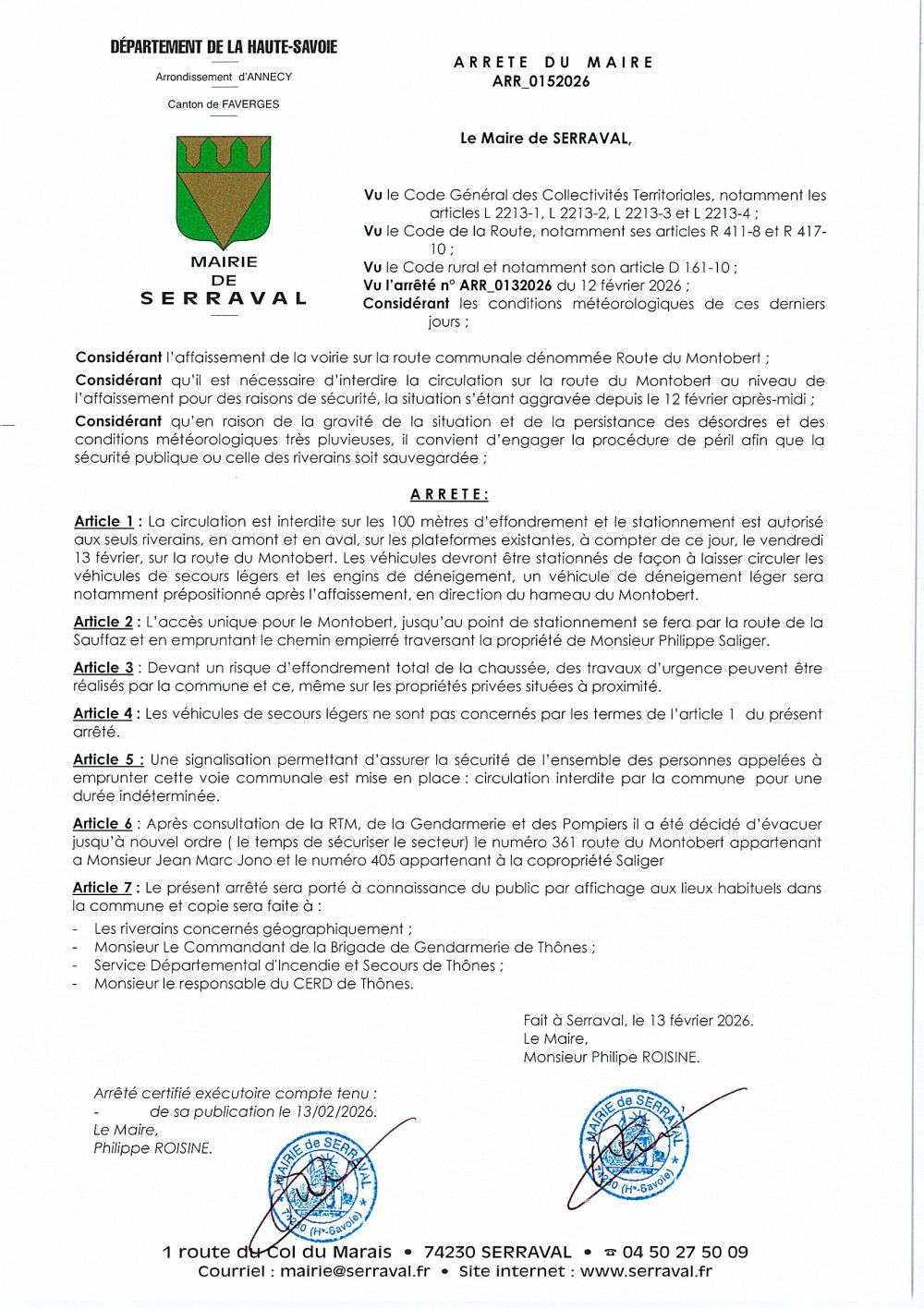 ARR_0152026 - Règlementation de la circulation route du Montobert