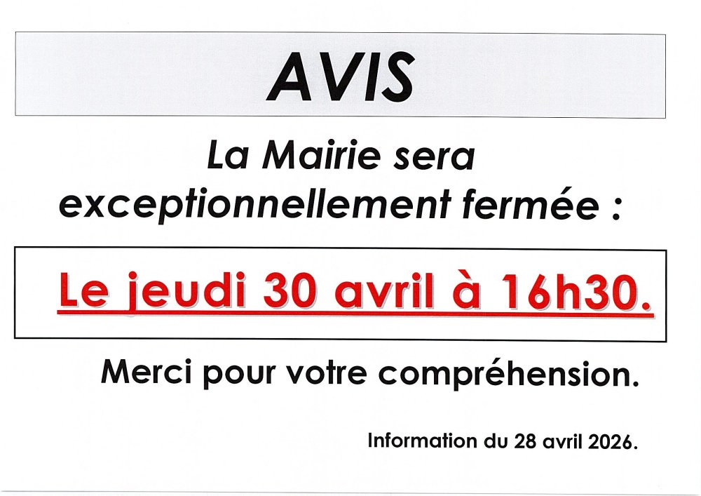 FERMETURE EXCEPTIONNELLE DE LA MAIRIE LE JEUDI 30 AVRIL 2026