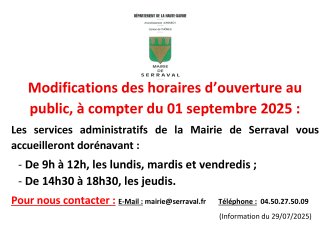 Modifications des horaires d'ouverture de la Mairie à compter du 01 septembre 2025.