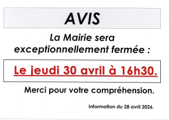 FERMETURE EXCEPTIONNELLE DE LA MAIRIE LE JEUDI 30 AVRIL 2026