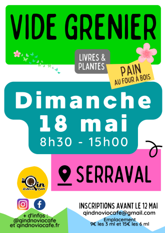 Dimanche 18 mai 2025, de 8h30 à 15h : Vide-Greniers au chef-lieu organisé par l'association QIN D'NOVIO CAFE.