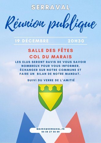  Vendredi 19 décembre 2025 à 20h30 REUNION PUBLIQUE Salle du Col du Marais.