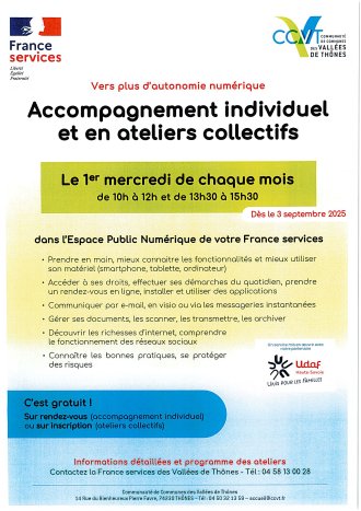 Nouveauté : Le 1er mercredi de chaque mois, de 10h à 12h et de 13h30 à 15h30 : Accompagnement individuel vers plus d'autonomie numérique. pour vous aider dans vos démarches administratives.