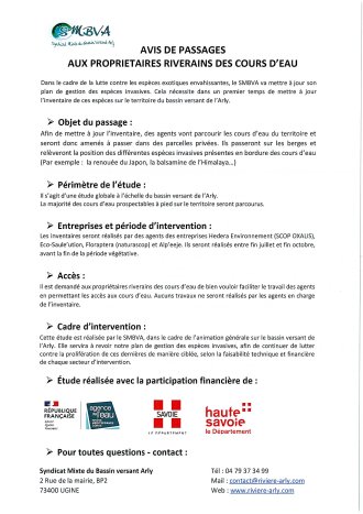 S.M.B.V.A. : Avis de passages aux propriétaires riverains des cours d'eau.